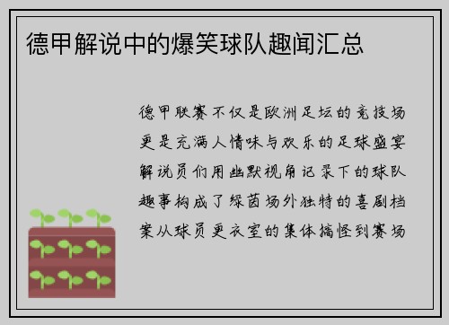 德甲解说中的爆笑球队趣闻汇总