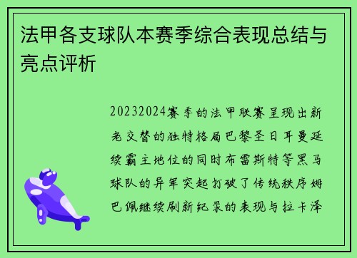 法甲各支球队本赛季综合表现总结与亮点评析